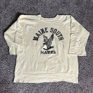 Vintage 60s Sweatshirt Mens Large Cream Flock Print Maine South Hawks 3/4 Sleeve
